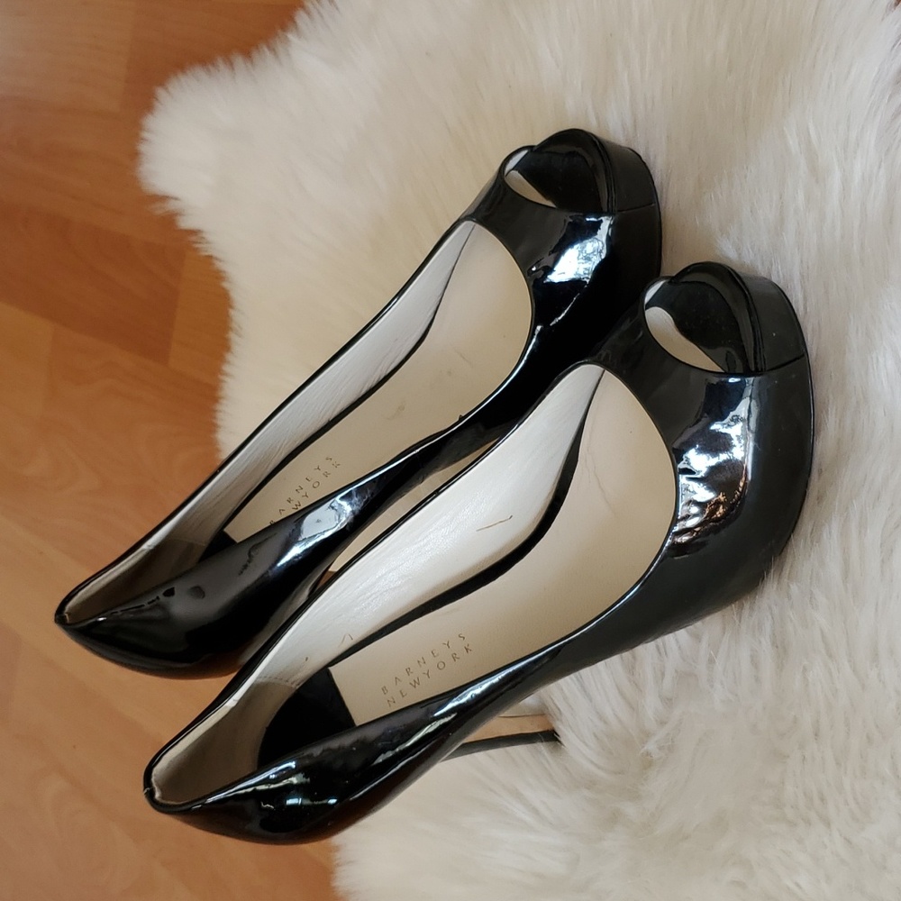 Barneys New York Black Patent Leather Peep-Toe Stiletto Heels